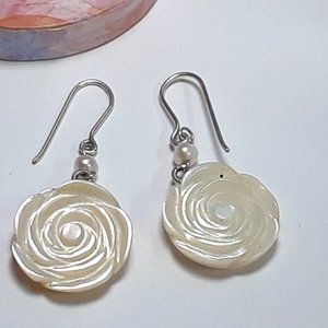 Estate Mother of Pearl Flower & Pearl Sterling Silver French Top Earrings #18748